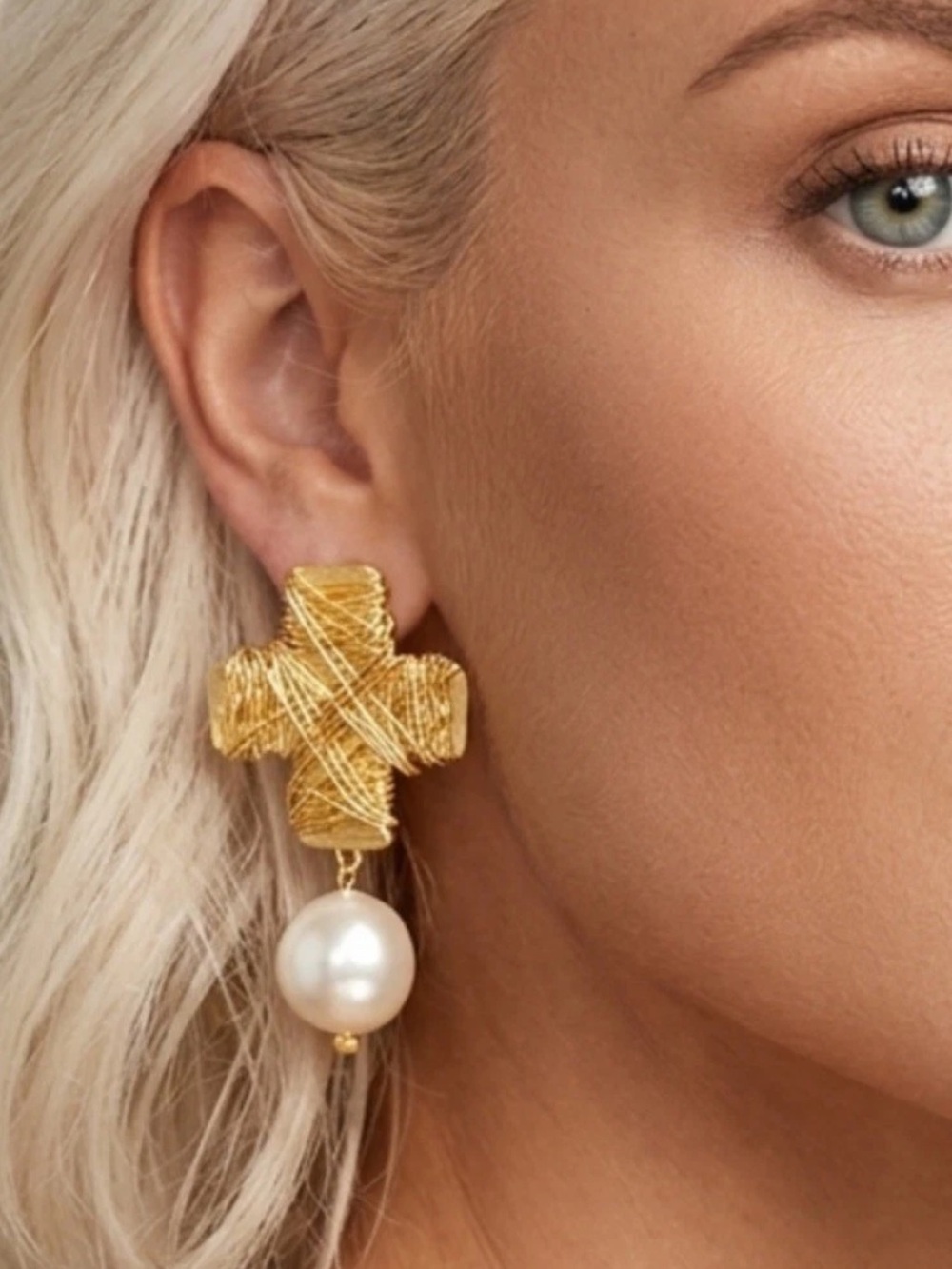 Vintage 2000s 18k Gold Plated Simulated Pearl Wrapped Cross  Earrings
